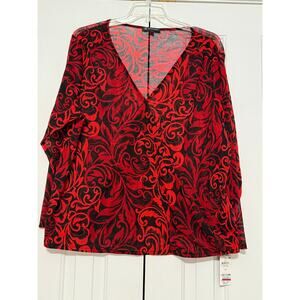 NWT International Concepts Black and Red Printed Supplice Sheer Blouse, Size 3X